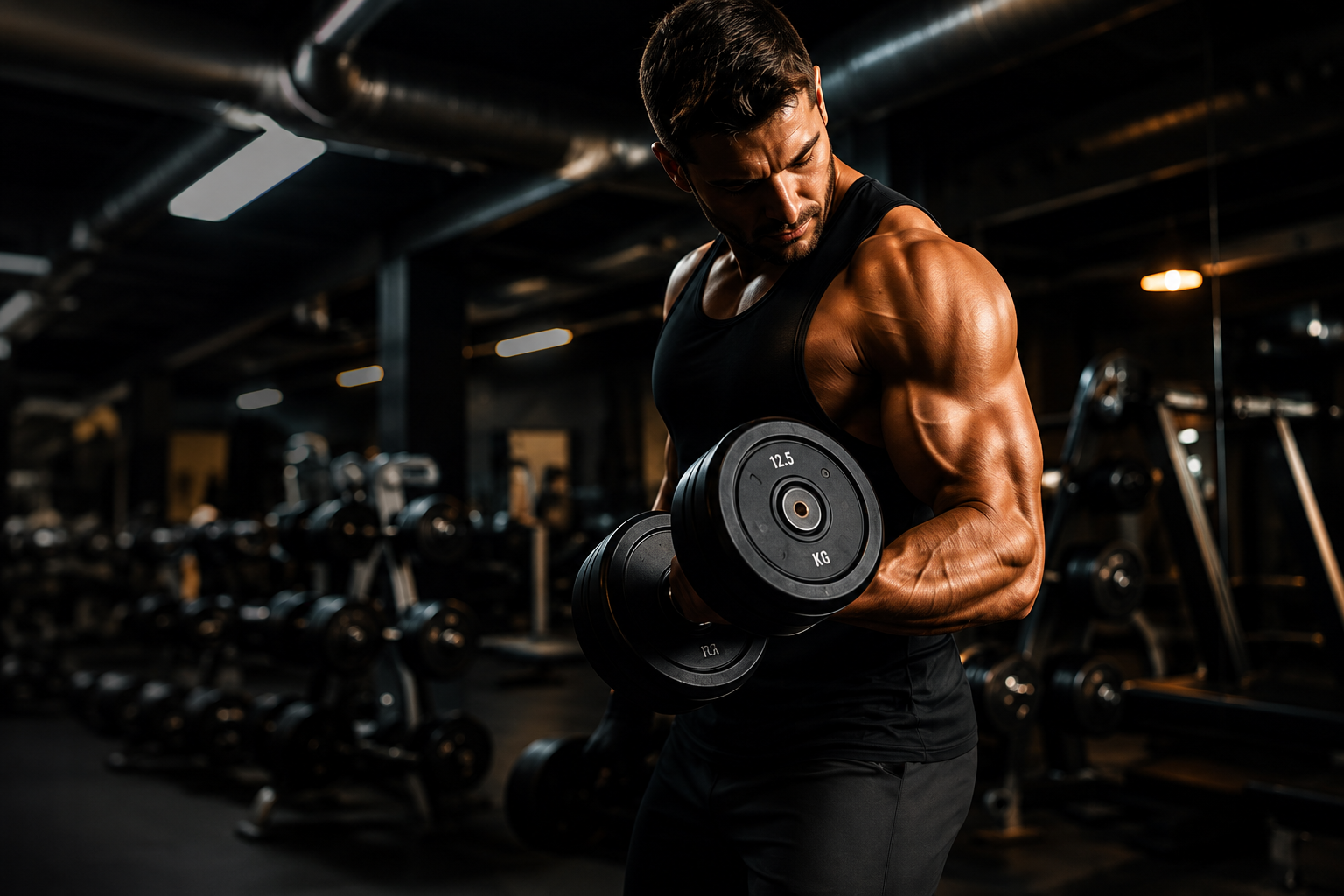 Muscular athlete lifting dumbbells